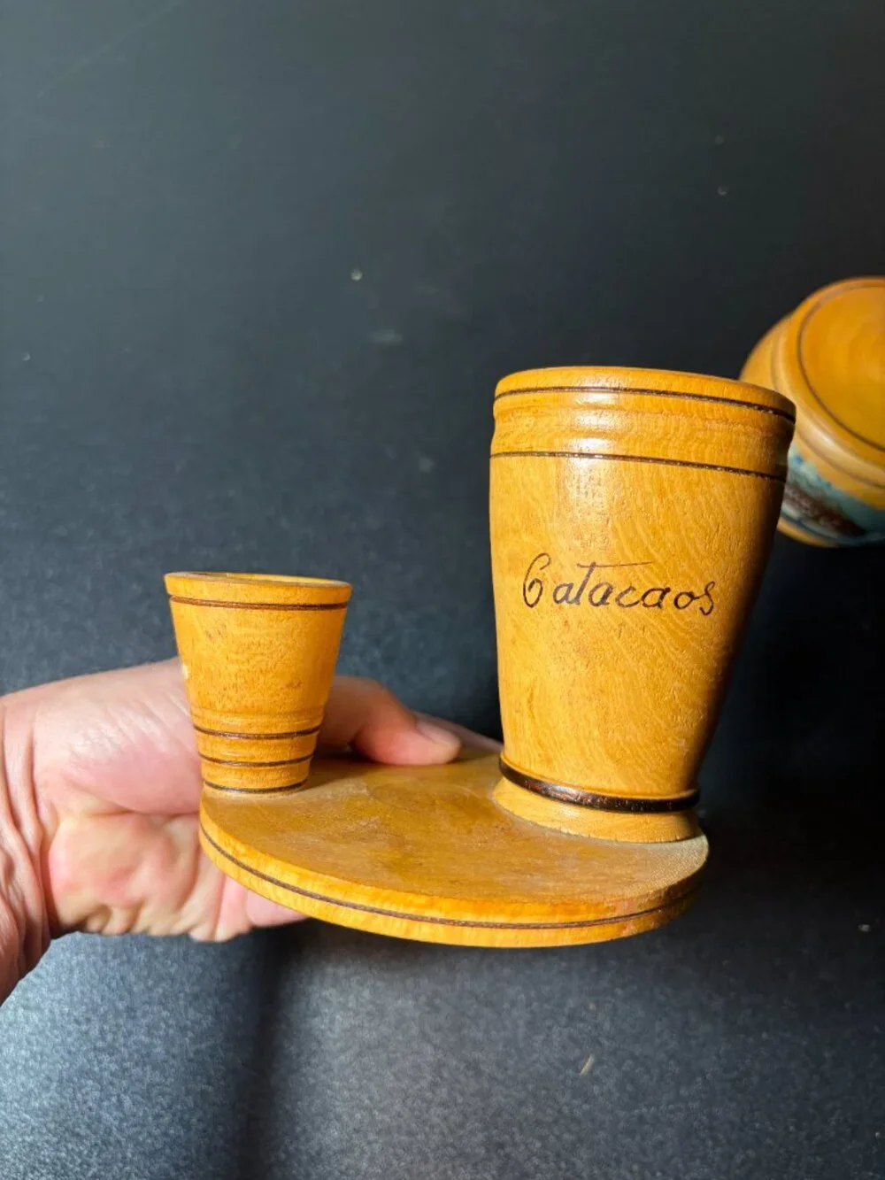 Mid Century Handmade & Painted Wooden Bowl & Utensil Holder Peru